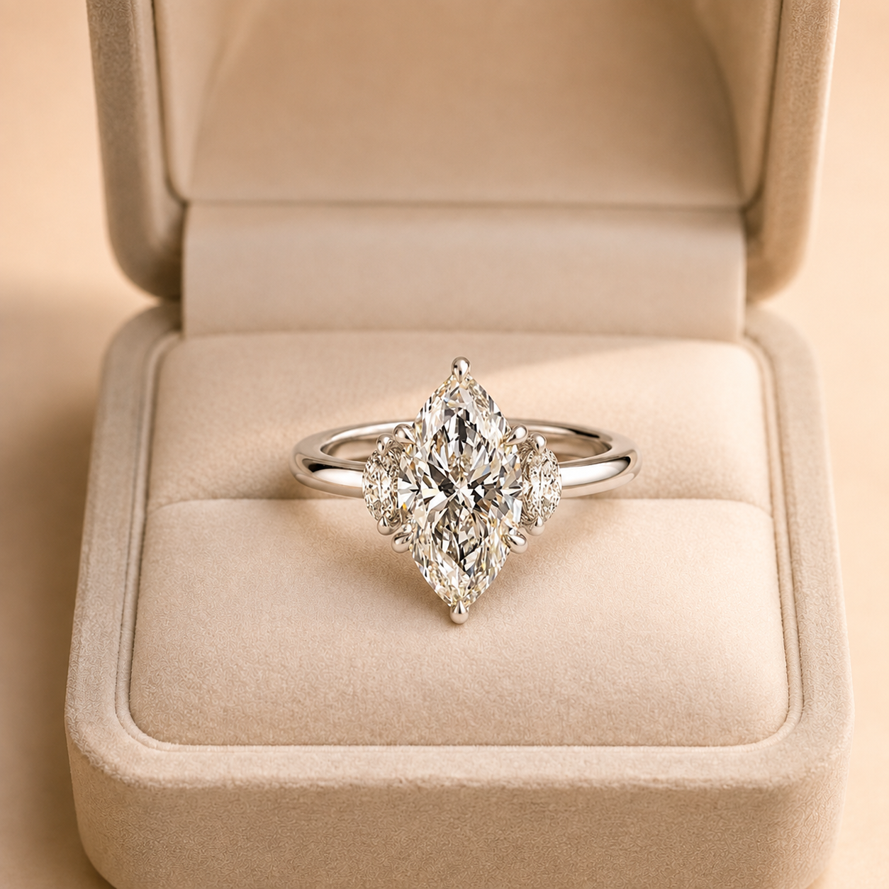Marquise Lab Grown Diamond Engagement Ring Three Stone 14K White Gold E VVS2