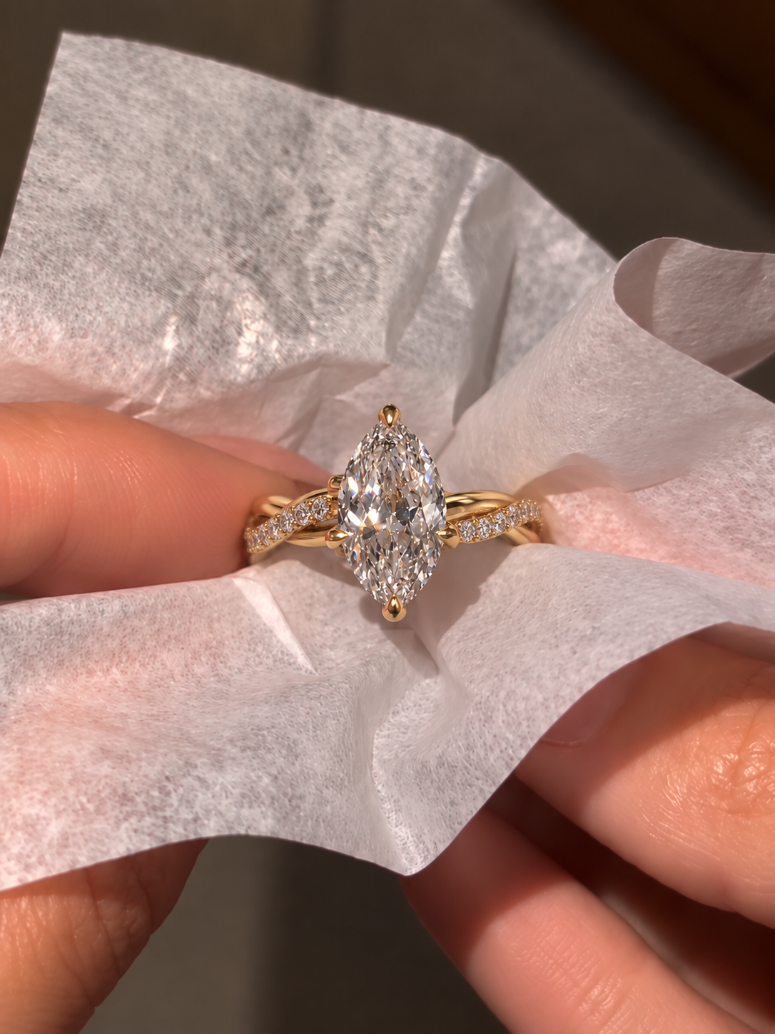 Marquise Lab Diamond Engagement Ring Twisted Vine Pave Band 14K Yellow Gold Solitaire