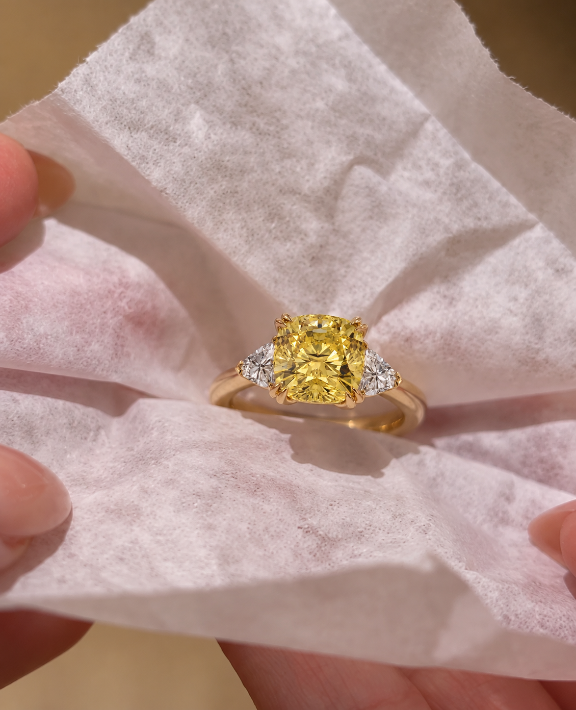 Fancy Yellow Cushion Lab Grown Diamond Engagement Ring – Three Stone 14K Yellow Gold Trillion Accents