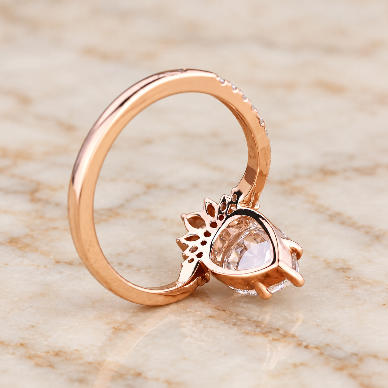 Pear Rose Cut Lab Grown Diamond Engagement Ring Claw Prong 14K Rose Gold IGI Certified