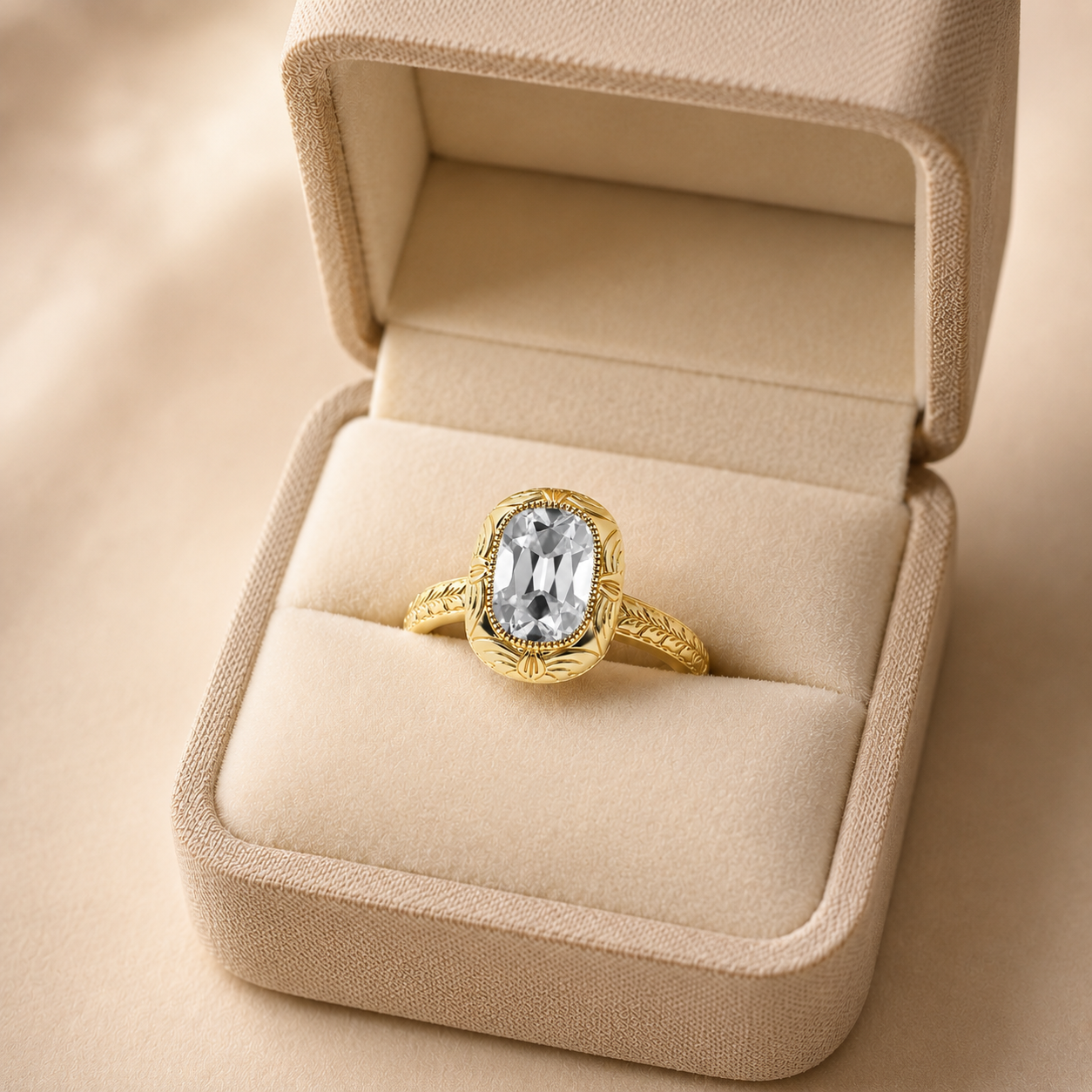 Elongated Cushion Lab Grown Diamond Engagement Ring Vintage Bezel Solitaire 14K Yellow Gold IGI Certified 2 Carat