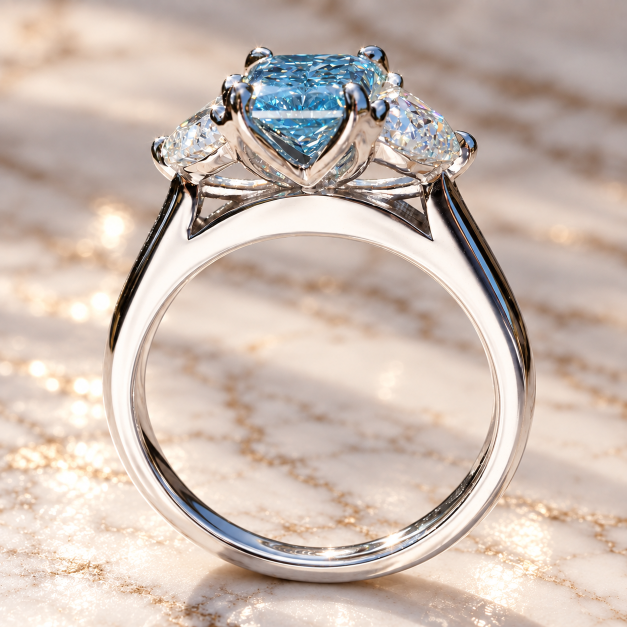 Blue Radiant Lab Grown Diamond Three Stone Ring, Half Moon Sides, IGI Certified