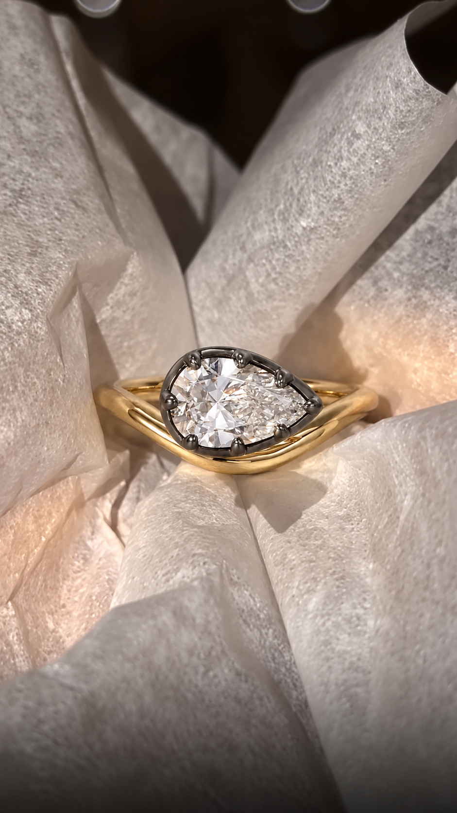 Pear Lab Grown Diamond Pinky Ring Black Gold Bezel-Prong 14K Yellow Gold IGI Certified E VVS2