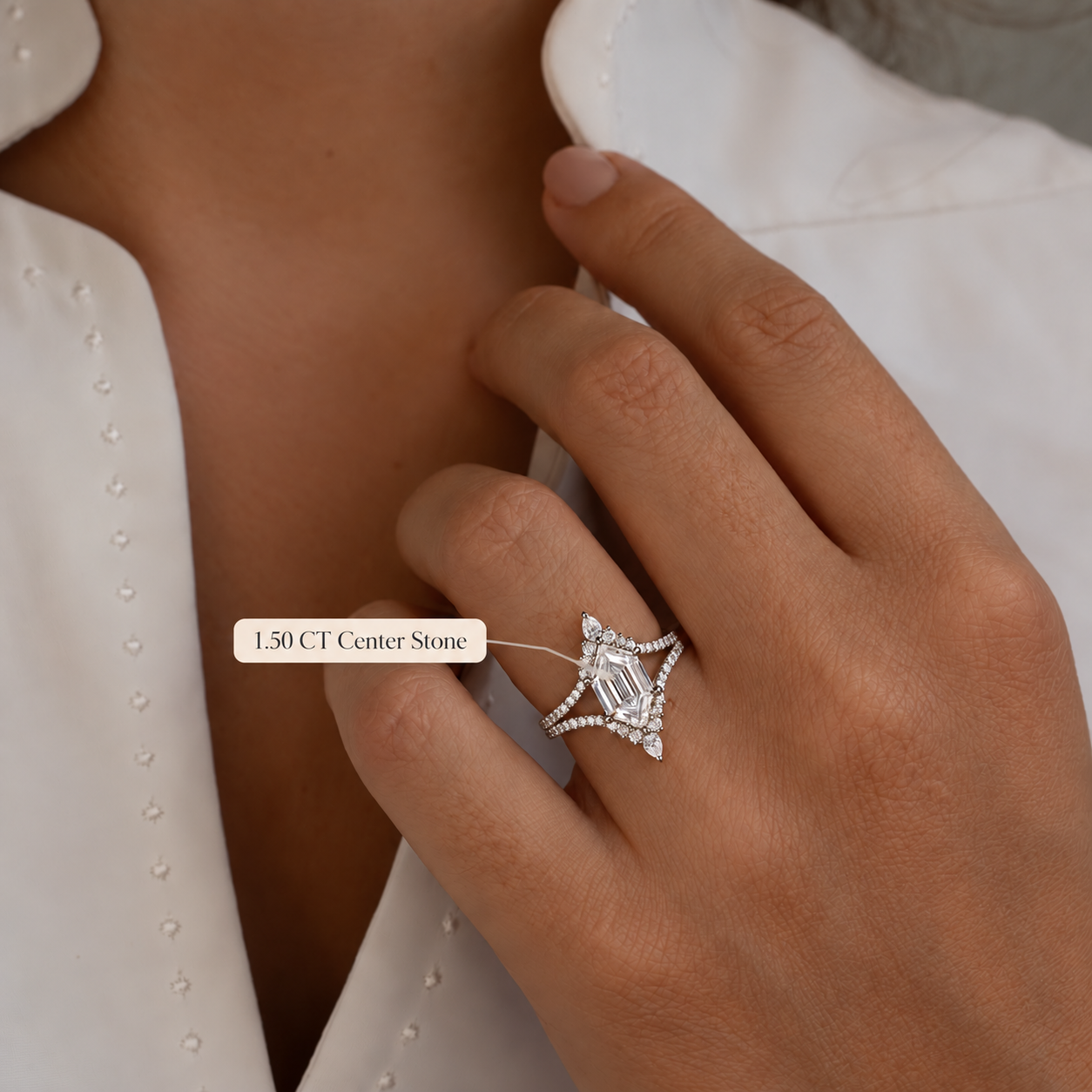 Elongated Hexagon Lab Grown Diamond Engagement Ring Split Shank 14K White Gold IGI Certified