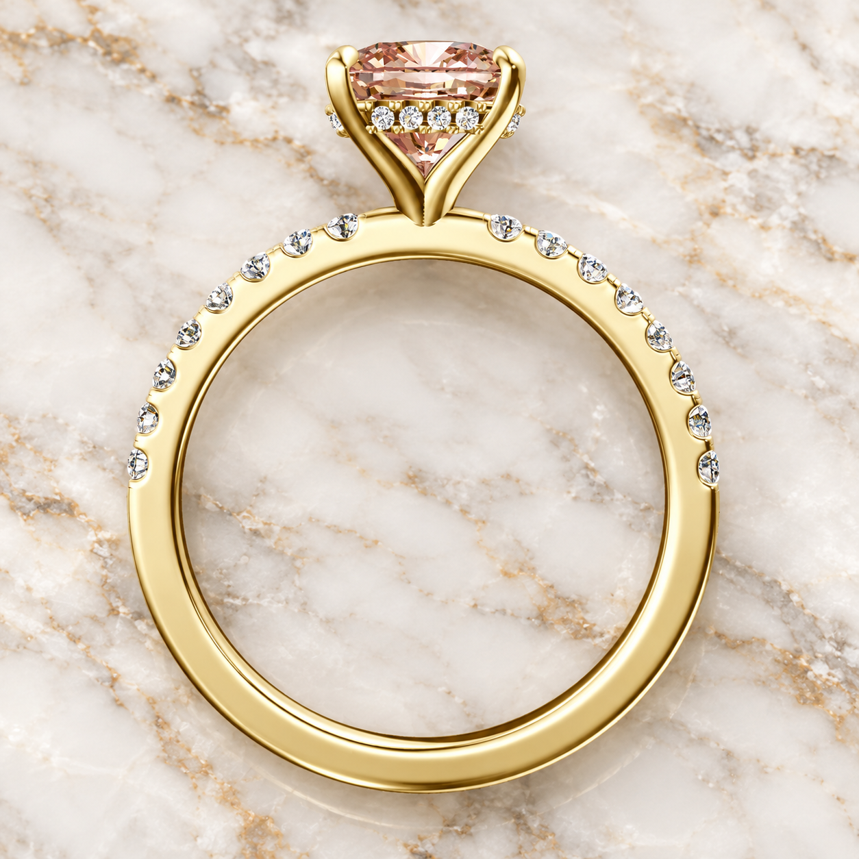 Pink Cushion Cut Lab Grown Diamond Ring, 14K Yellow Gold Pave Band (IGI Certified)
