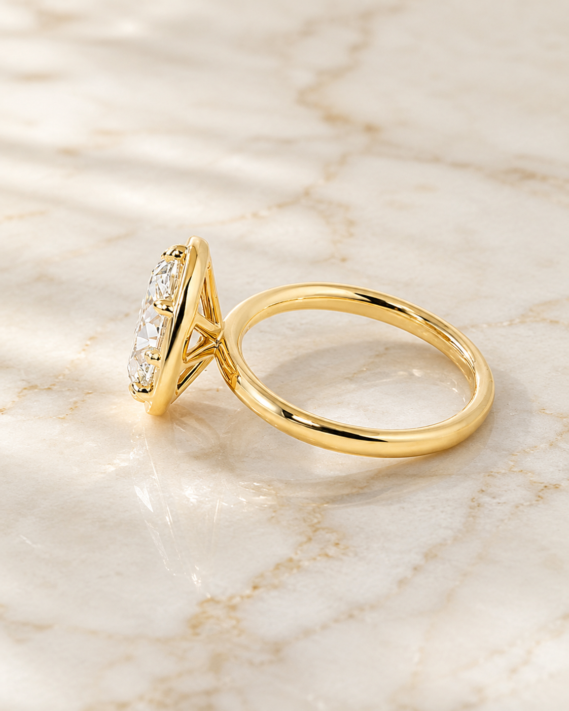 Oval Lab Grown Diamond Engagement Ring Bezel Hidden Halo 14K Yellow Gold Comfort-Fit Band