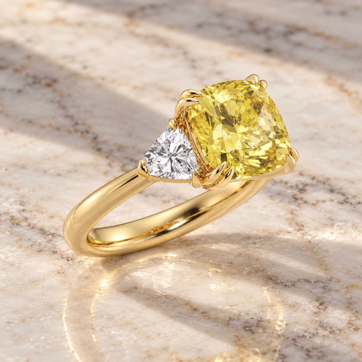 Fancy Yellow Cushion Lab Grown Diamond Engagement Ring – Three Stone 14K Yellow Gold Trillion Accents