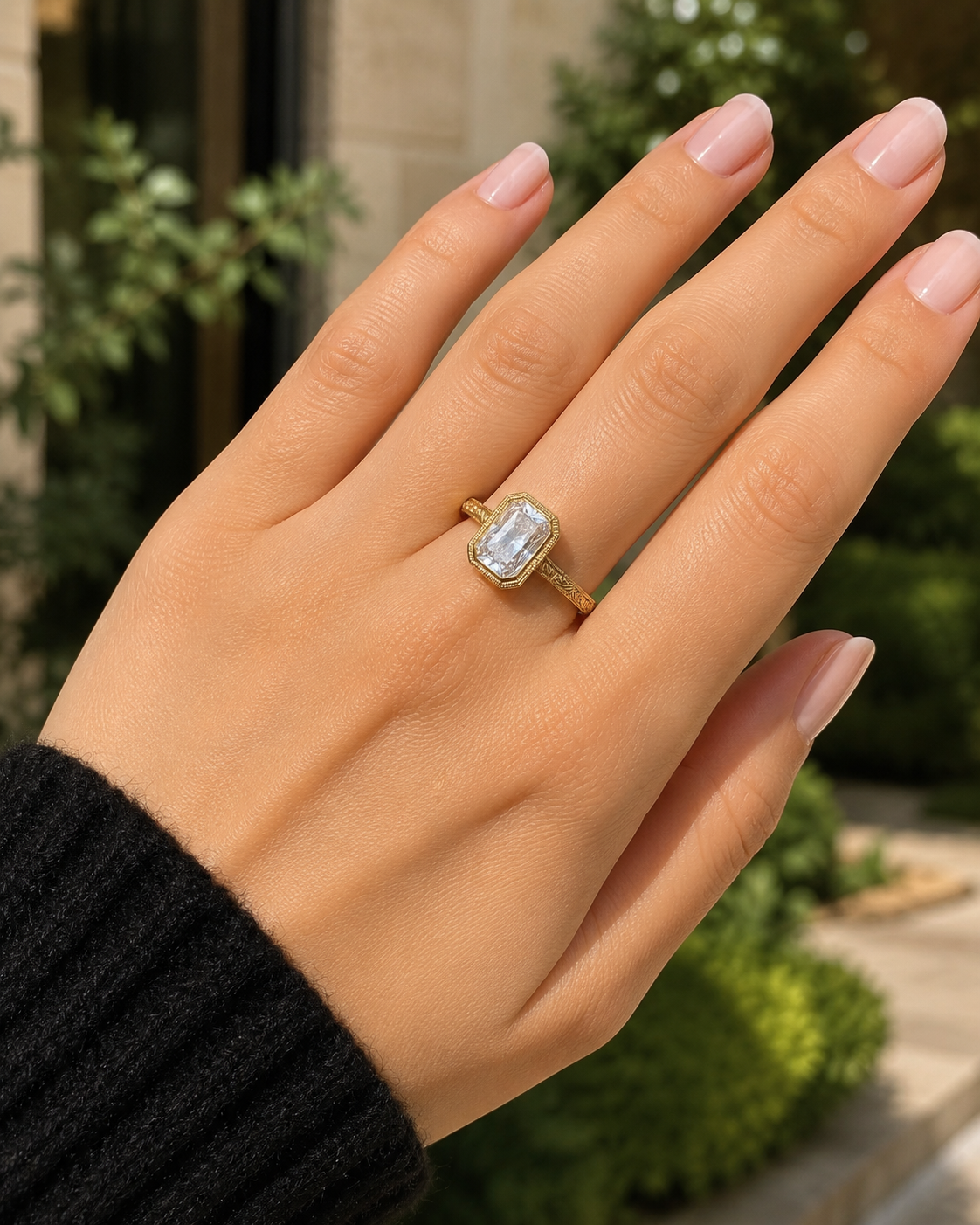Radiant Lab Grown Diamond Engagement Ring Bezel 14K Yellow Gold Hand-Engraved Milgrain Band