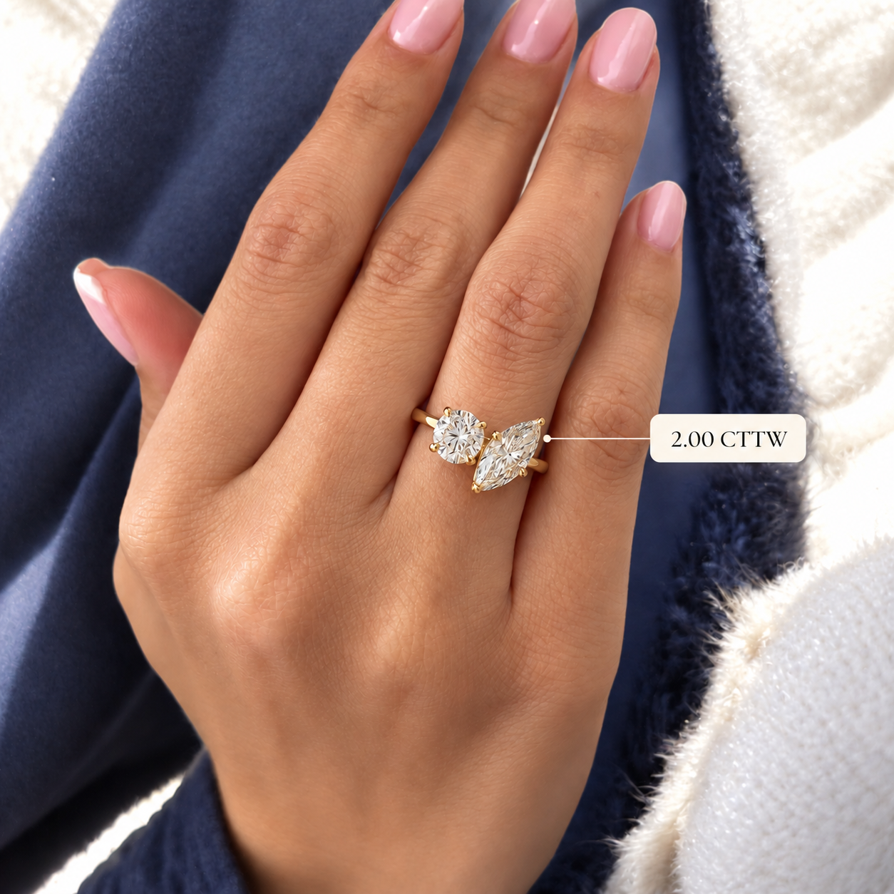 Marquise & Round Lab Grown Diamond Engagement Ring Two Stone Toi et Moi 14K Yellow Gold