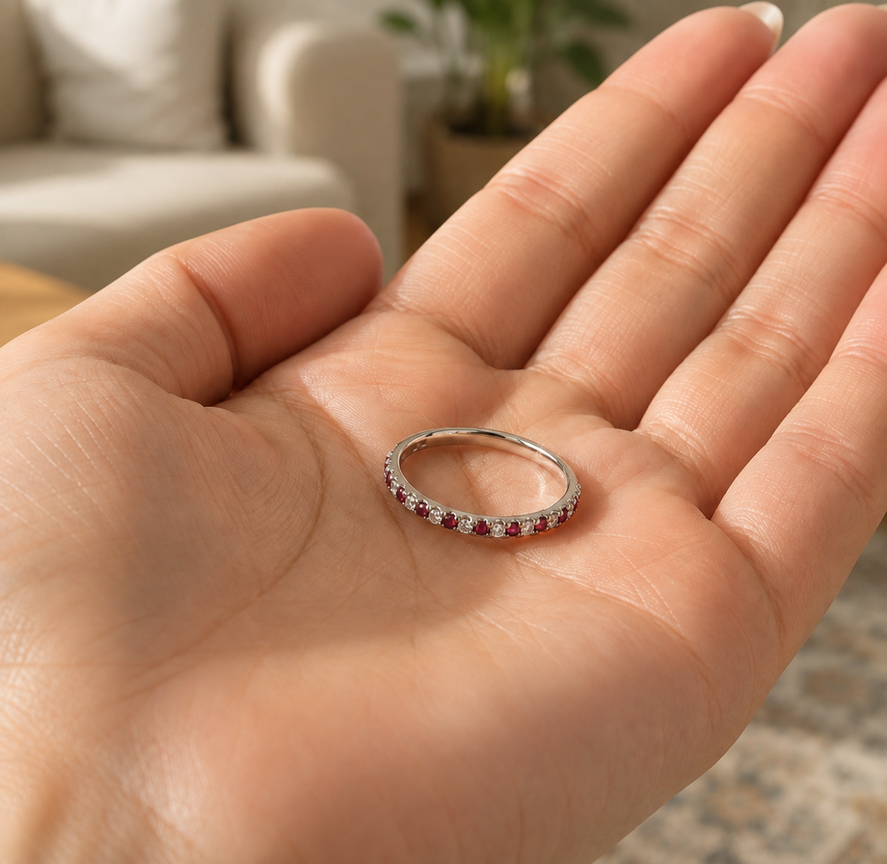 Round Lab Grown Diamond & Ruby Wedding Band Pave 14K White Gold 2.2mm Stackable Ring