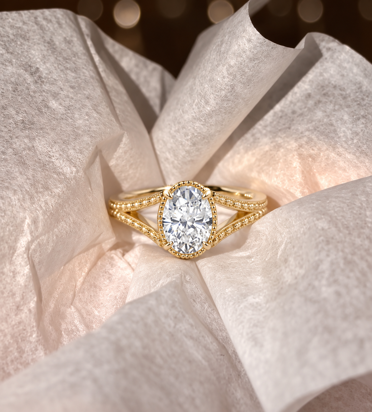 Oval Lab Grown Diamond Engagement Ring Vintage Split Shank 14K White Gold IGI Certified 2 Carat