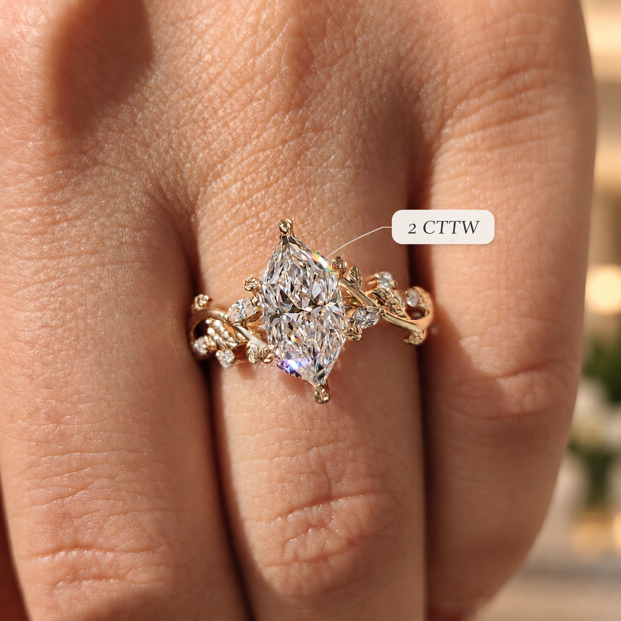 Dutch Marquise Lab Grown Diamond Engagement Ring Leaf Prong Cluster 14K Gold IGI Certified 2 Carat