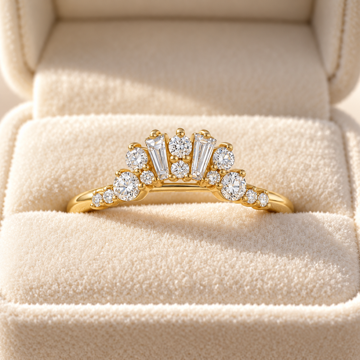 Art Deco Diamond Wedding Band Baguette & Round Cluster 14K Yellow Gold Lab Grown Diamonds