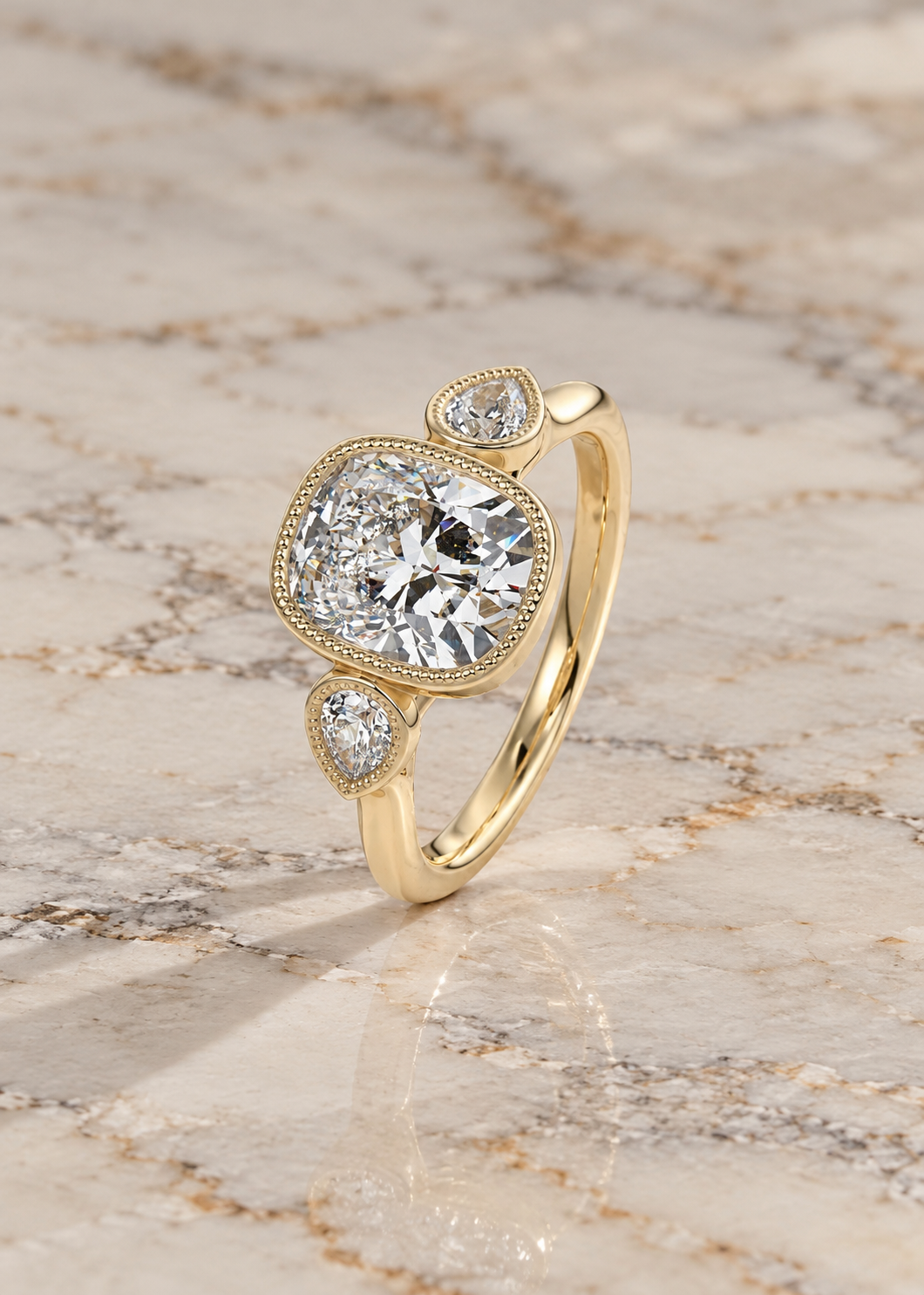 Cushion Lab Grown Diamond Engagement Ring Three Stone Pear Accent 14K Rose Gold Bezel Milgrain Setting
