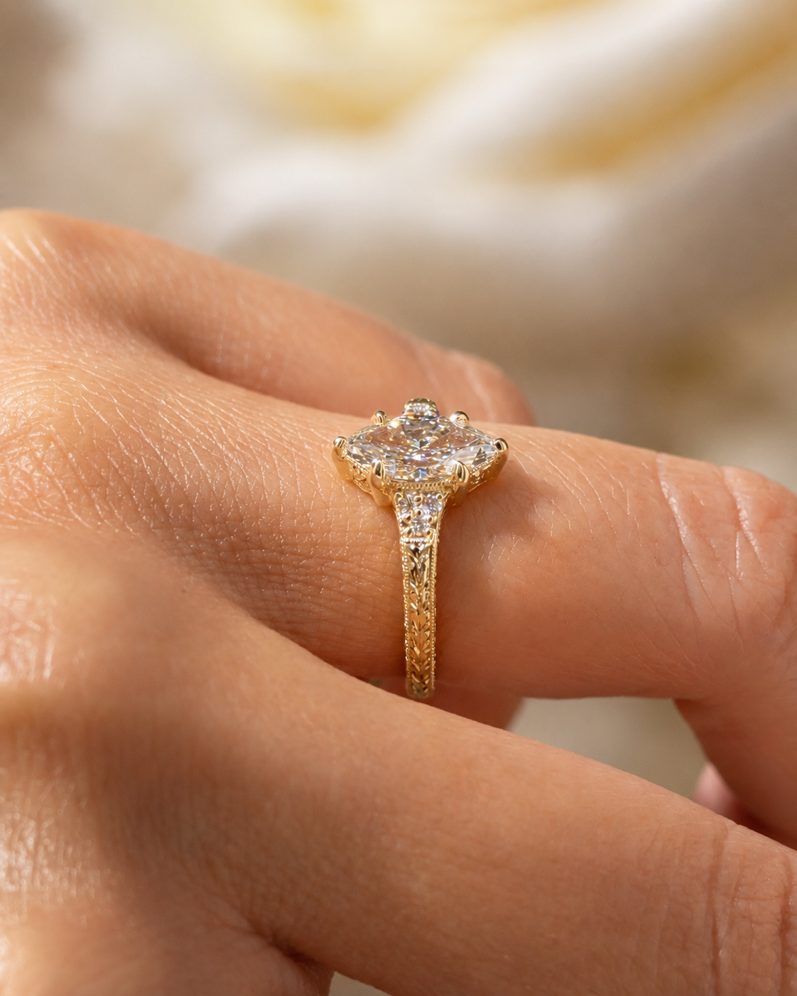 Marquise Lab Grown Diamond Engagement Ring  Vintage Hand-Engraved 14K Yellow Gold  IGI Certified 1ct E-VVS2