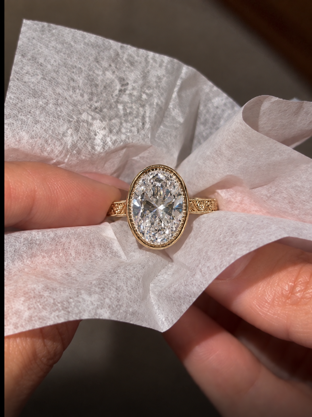 Oval Lab Grown Diamond Engagement Ring Art Deco Bezel 14K Yellow Gold IGI Certified E VVS2