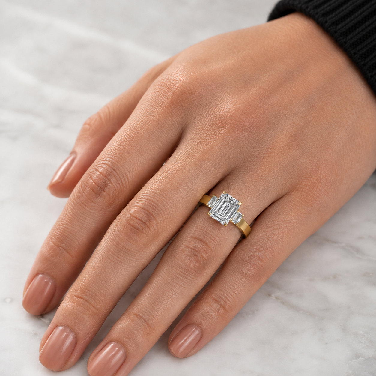 Emerald Cut Lab Grown Diamond Engagement Ring Three Stone 14K Yellow Gold 