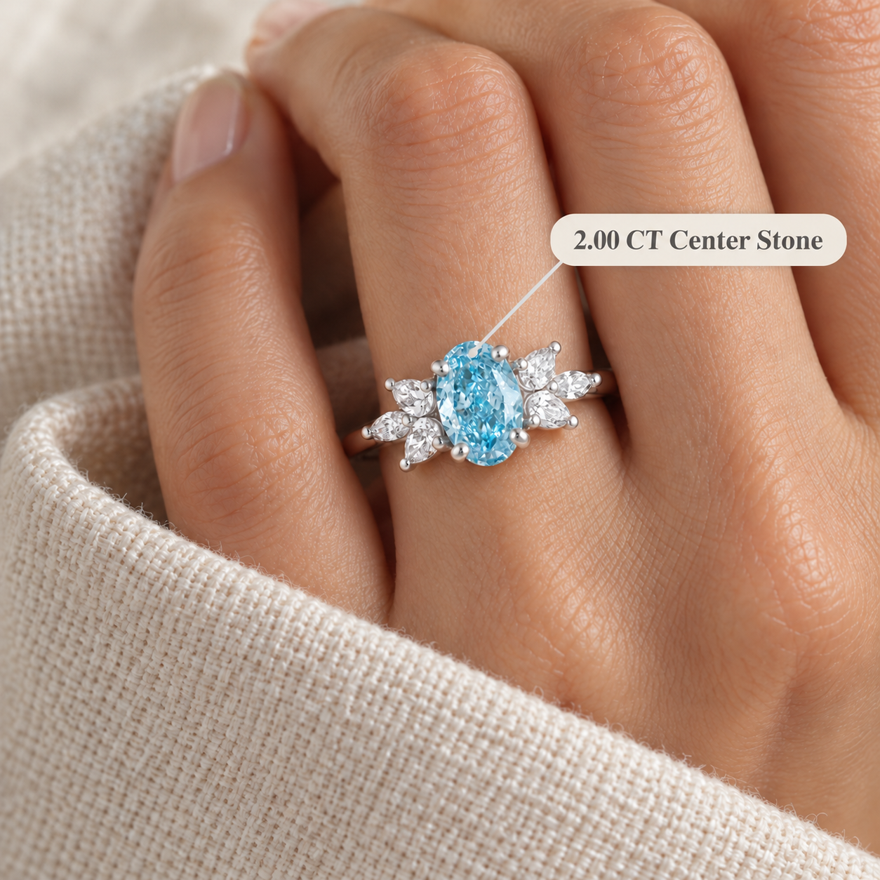 Blue Oval Lab Grown Diamond Floral Ring Four-Prong Petal Halo Platinum 950 VVS2