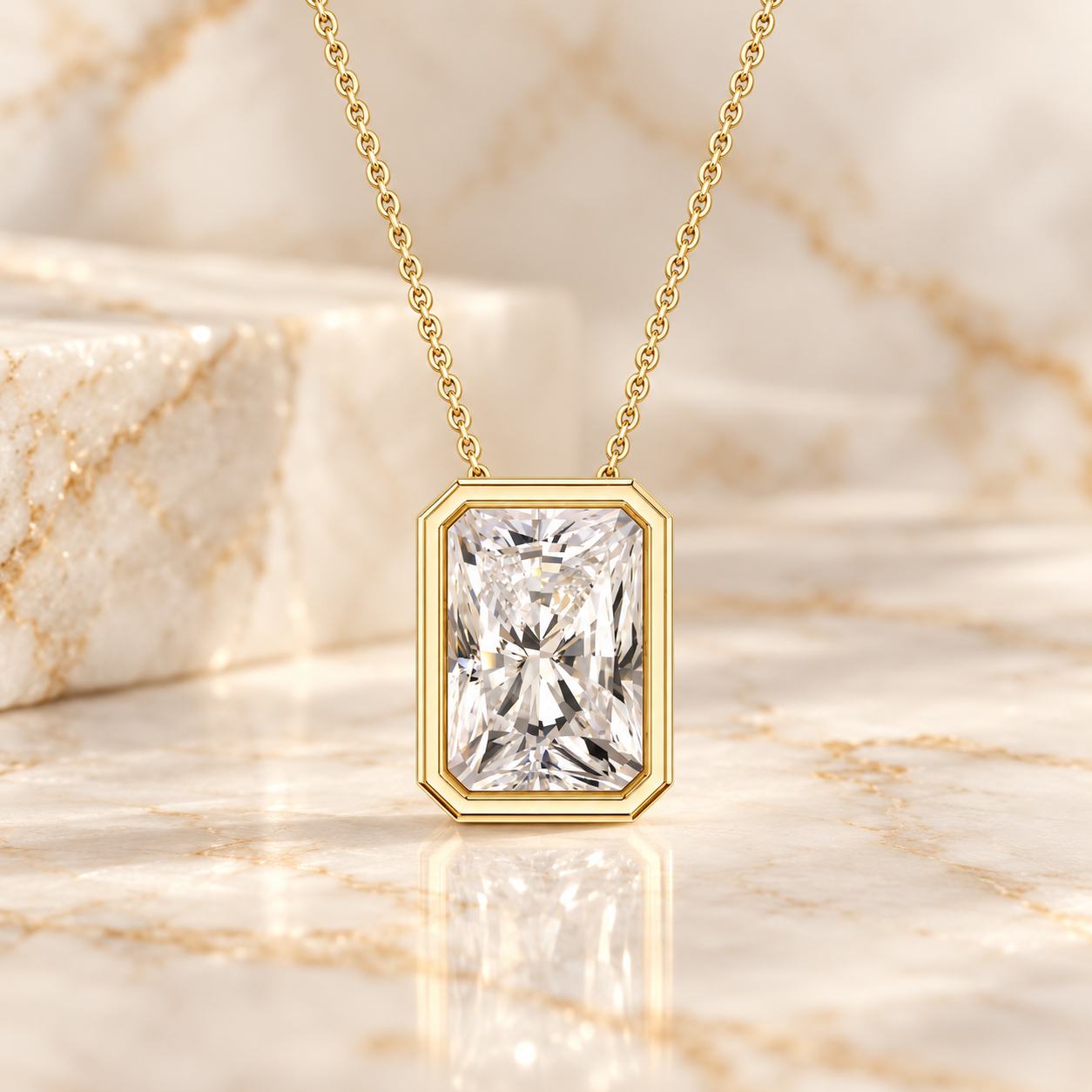 Radiant Cut Lab Grown Diamond Pendant Necklace, 14K Gold Bezel Solitaire (IGI Certified)