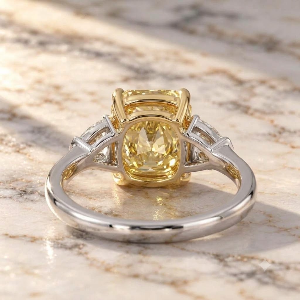 Fancy Yellow Cushion Lab Grown Diamond Engagement Ring – Three Stone White & Yellow Gold – Pear Side Stones