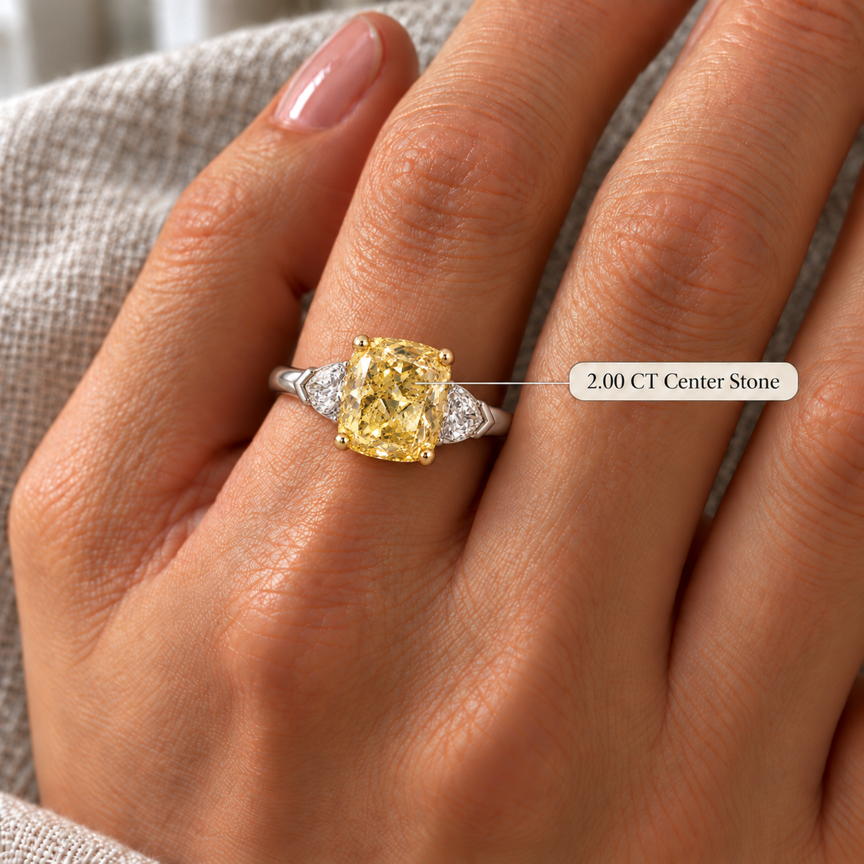 Fancy Yellow Cushion Lab Grown Diamond Engagement Ring – Three Stone White & Yellow Gold – Pear Side Stones