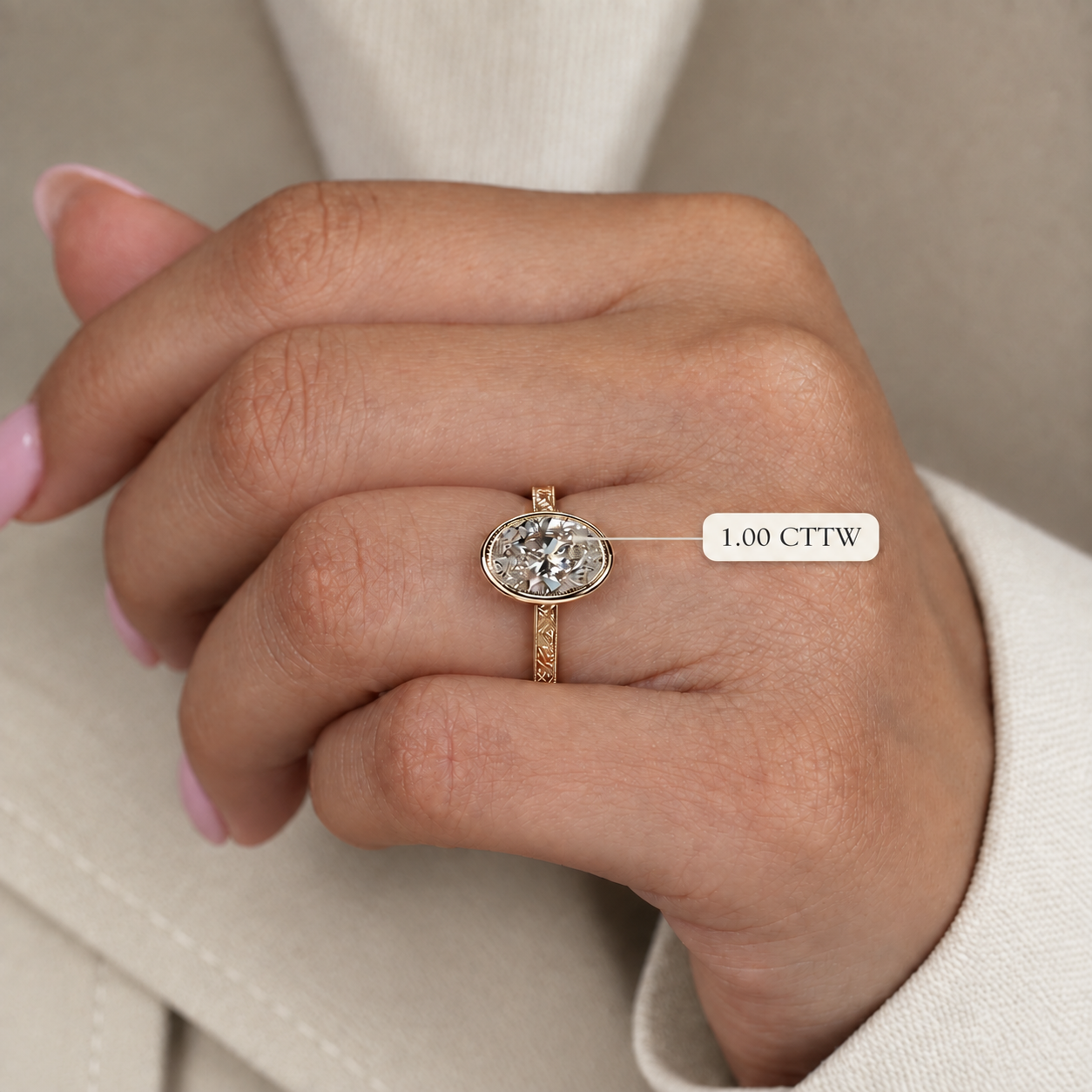 Oval Lab Grown Diamond Engagement Ring Art Deco Bezel 14K Yellow Gold IGI Certified E VVS2