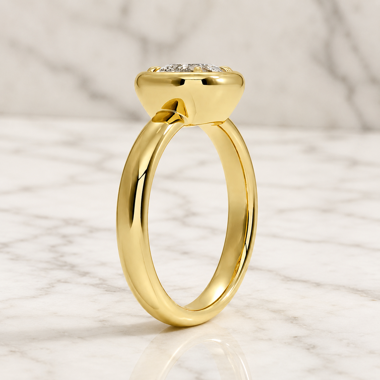 Cushion Lab Grown Diamond Engagement Ring Bezel Solitaire 14K Yellow Gold Corner Prong Setting