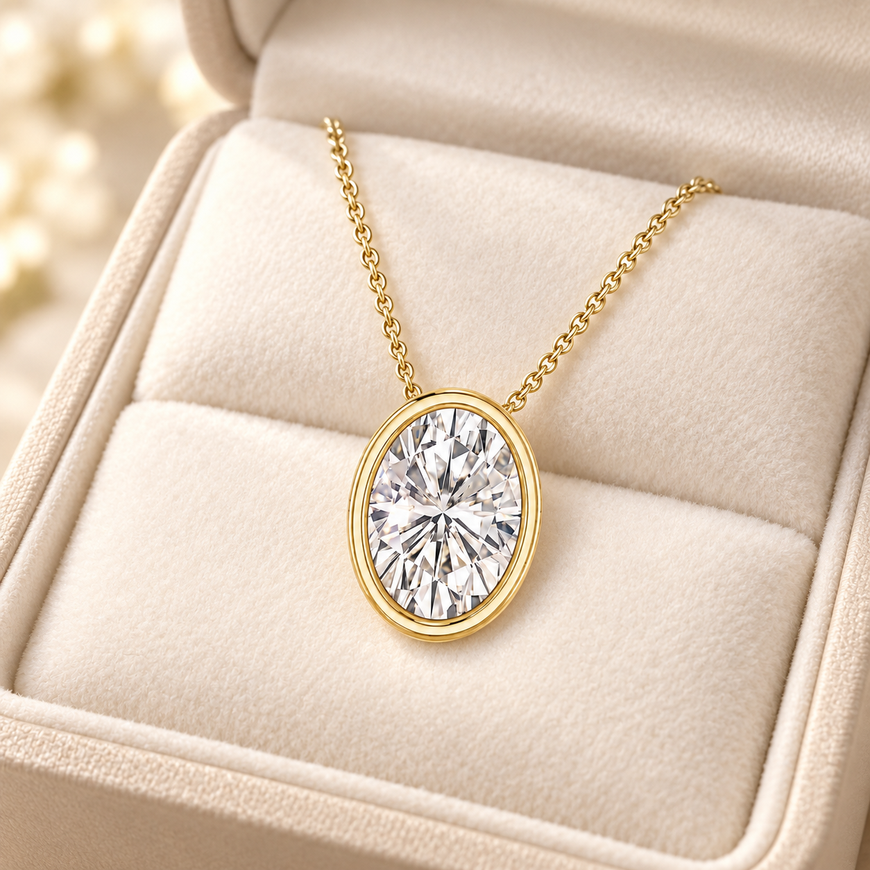 Oval Lab Grown Diamond Pendant Necklace Bezel Set 14K Gold IGI Certified Diamond Charm