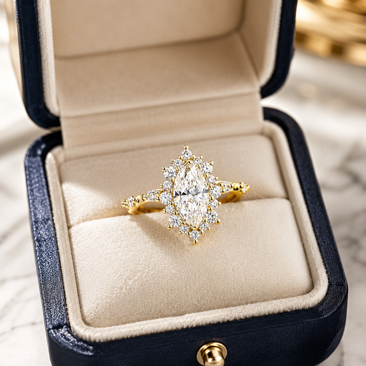 Marquise Lab Grown Diamond Engagement Ring  Vintage Alternating Halo Solid Gold E VVS2 Accent Diamonds