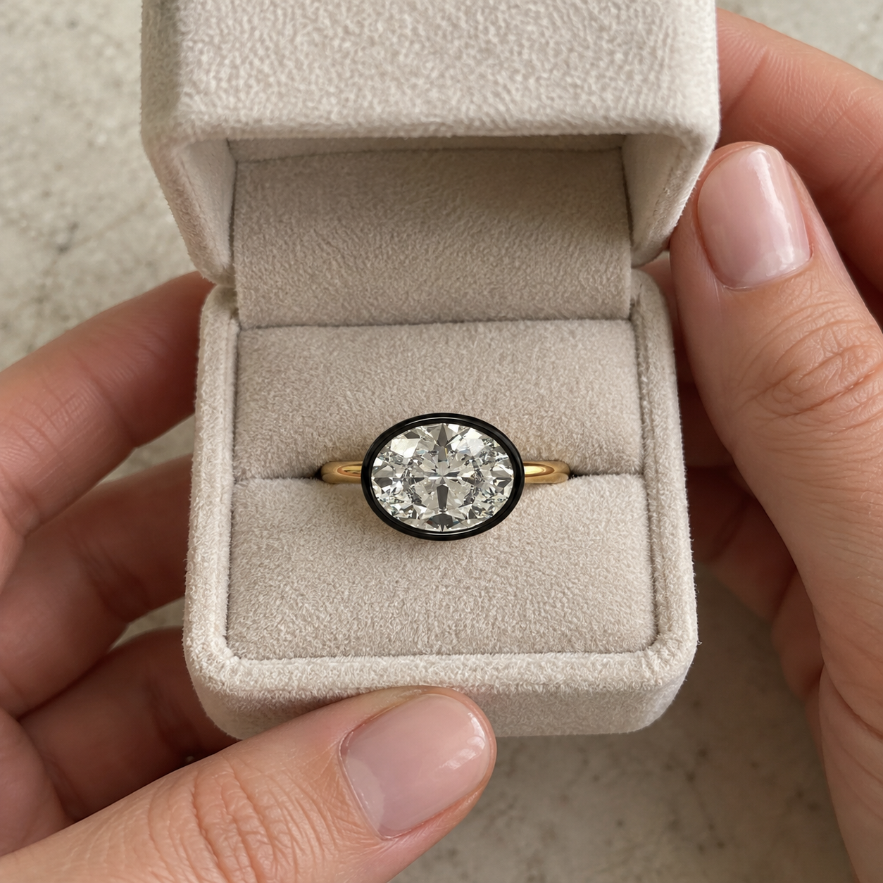 East West Oval Lab Grown Diamond Engagement Ring Blackened Bezel 14K Yellow Gold Solitaire Setting
