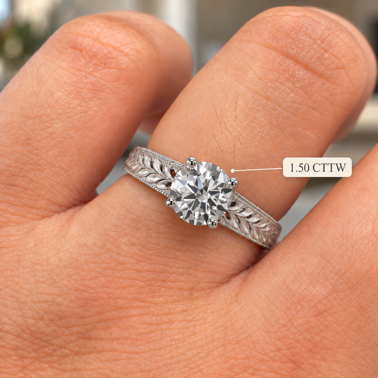 Round Solitaire Engagement Ring Setting Vintage 14K White Gold Leaf Engraving Milgrain Semi Mount