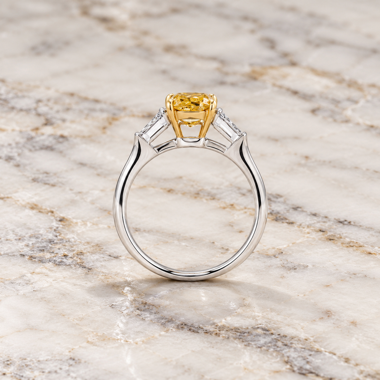 Cushion Cut Yellow Lab Grown Diamond Engagement Ring Three Stone Platinum & Yellow Gold Tapered Baguette Sides