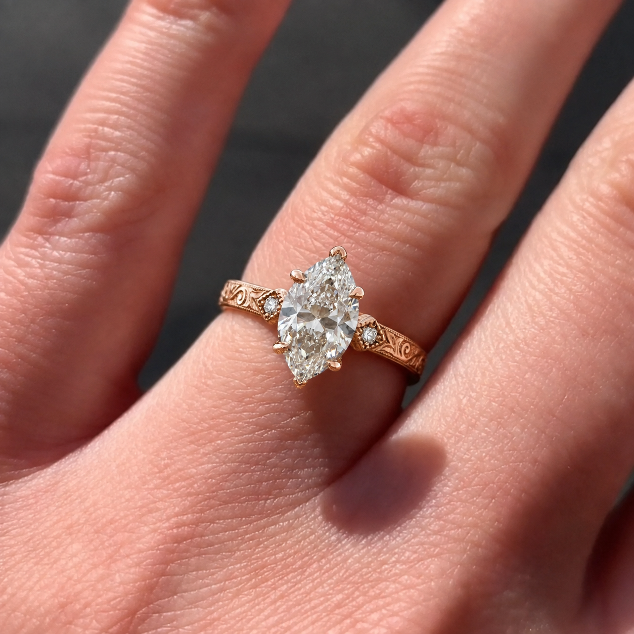 Marquise Lab Grown Diamond Engagement Ring Vintage Engraved Solitaire 14K Rose Gold E VVS2