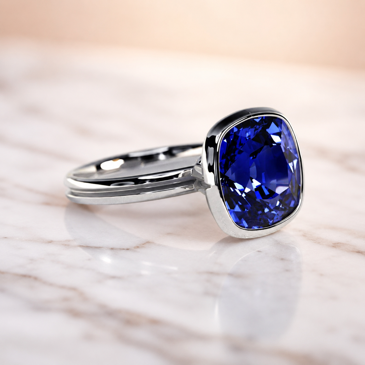 4 Carat Cushion Lab Grown Blue Sapphire Ring – 14K Gold Bezel Solitaire — view 4