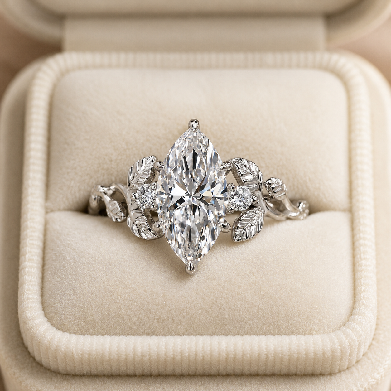 Marquise Lab Grown Diamond Engagement Ring Three Stone 14K White Gold Nature-Inspired Leaf Setting