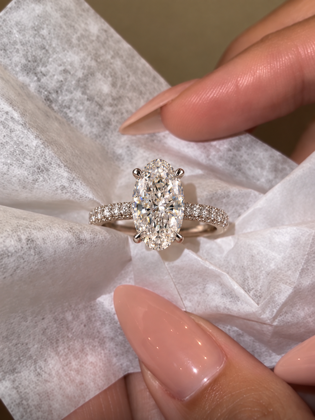Moval Lab Grown Diamond Engagement Ring Pave Band 14K White Gold IGI Certified Solitaire