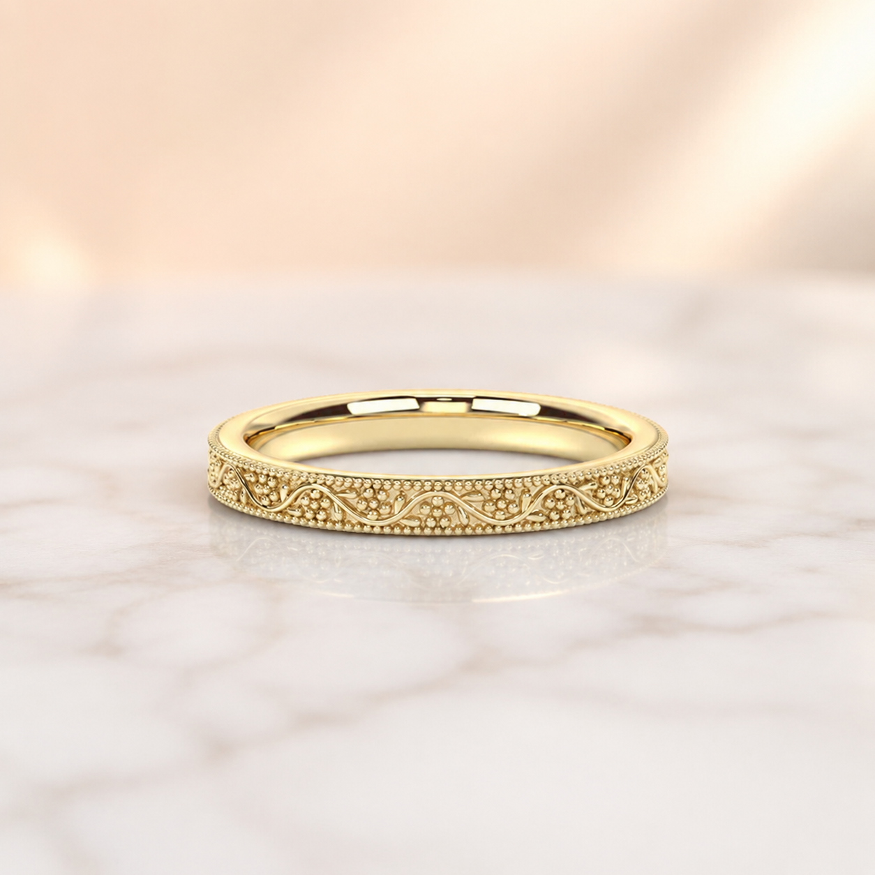 Vintage Floral Milgrain Wedding Band in Solid Gold  – 2.1mm