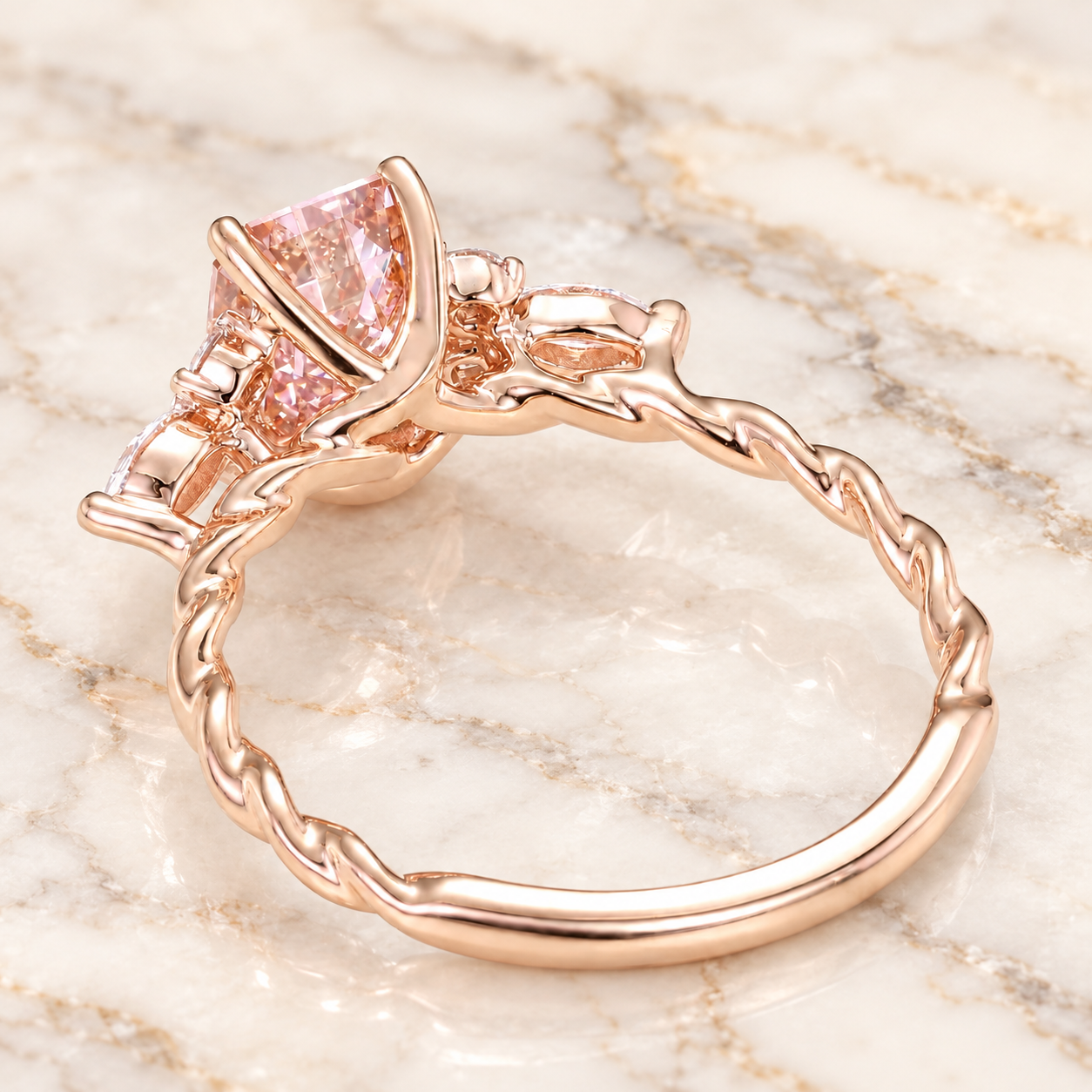 Emerald Cut Pink Lab Diamond Engagement Ring, Twisted Rose Gold Band, IGI Certified