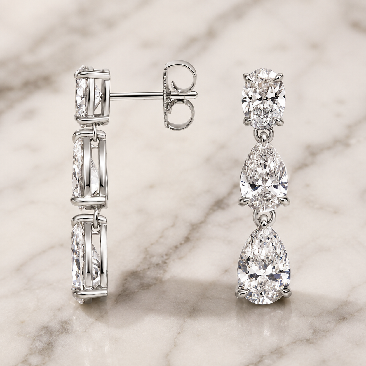 Pear Oval Lab Grown Diamond Drop Earrings Three Stone 18K White Gold 4.4 Carat Total