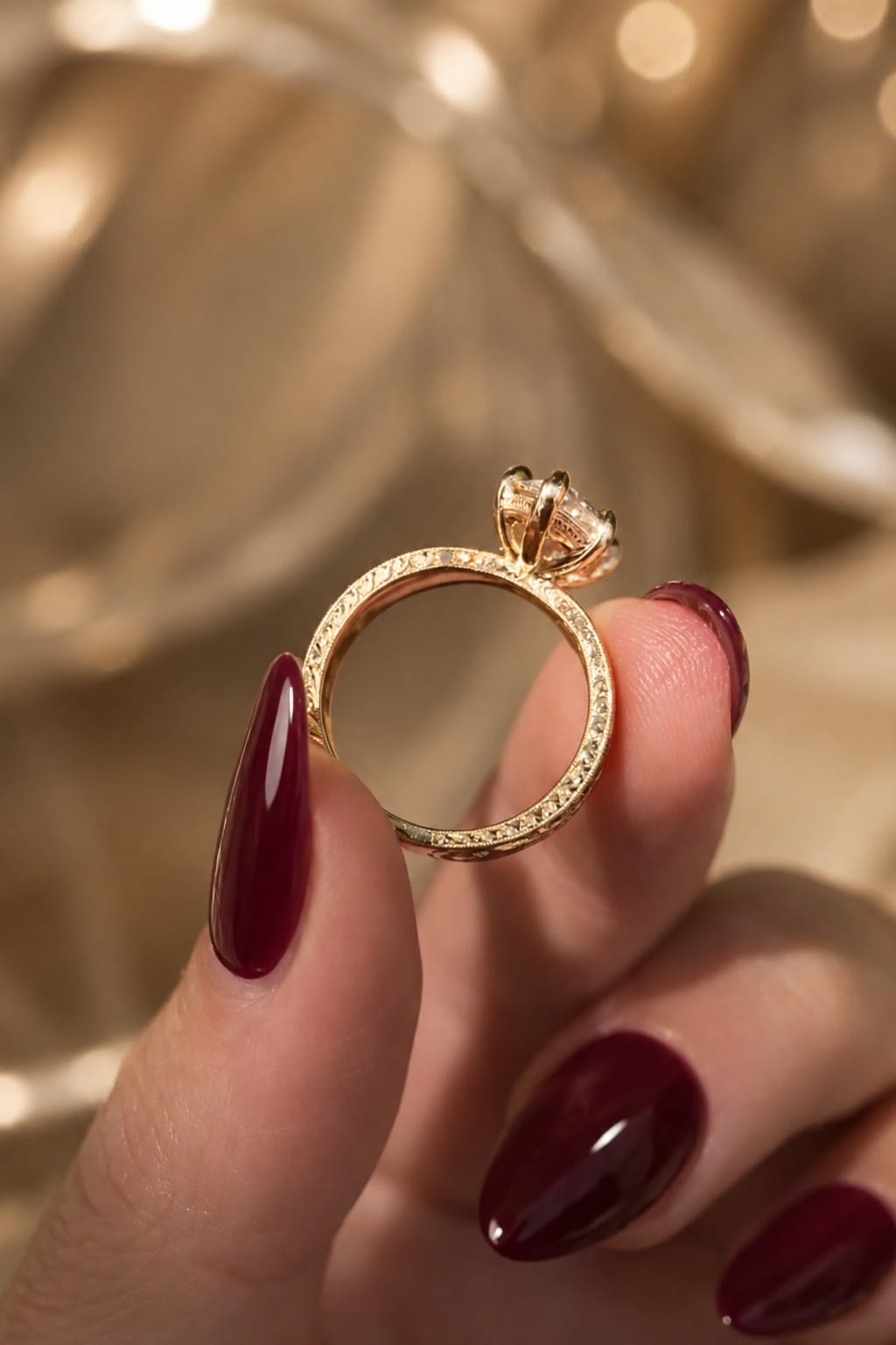 Marquise Lab Grown Diamond Engagement Ring  Hand-Engraved Solitaire 14K Yellow Gold – IGI Certified 3.02 Carat E VVS2