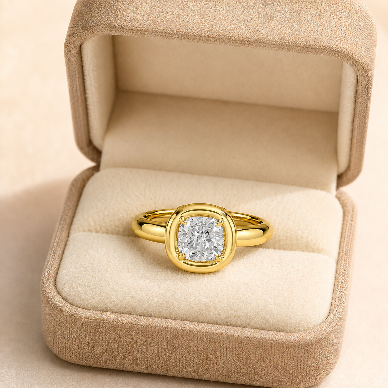 Cushion Lab Grown Diamond Engagement Ring Bezel Solitaire 14K Yellow Gold Corner Prong Setting