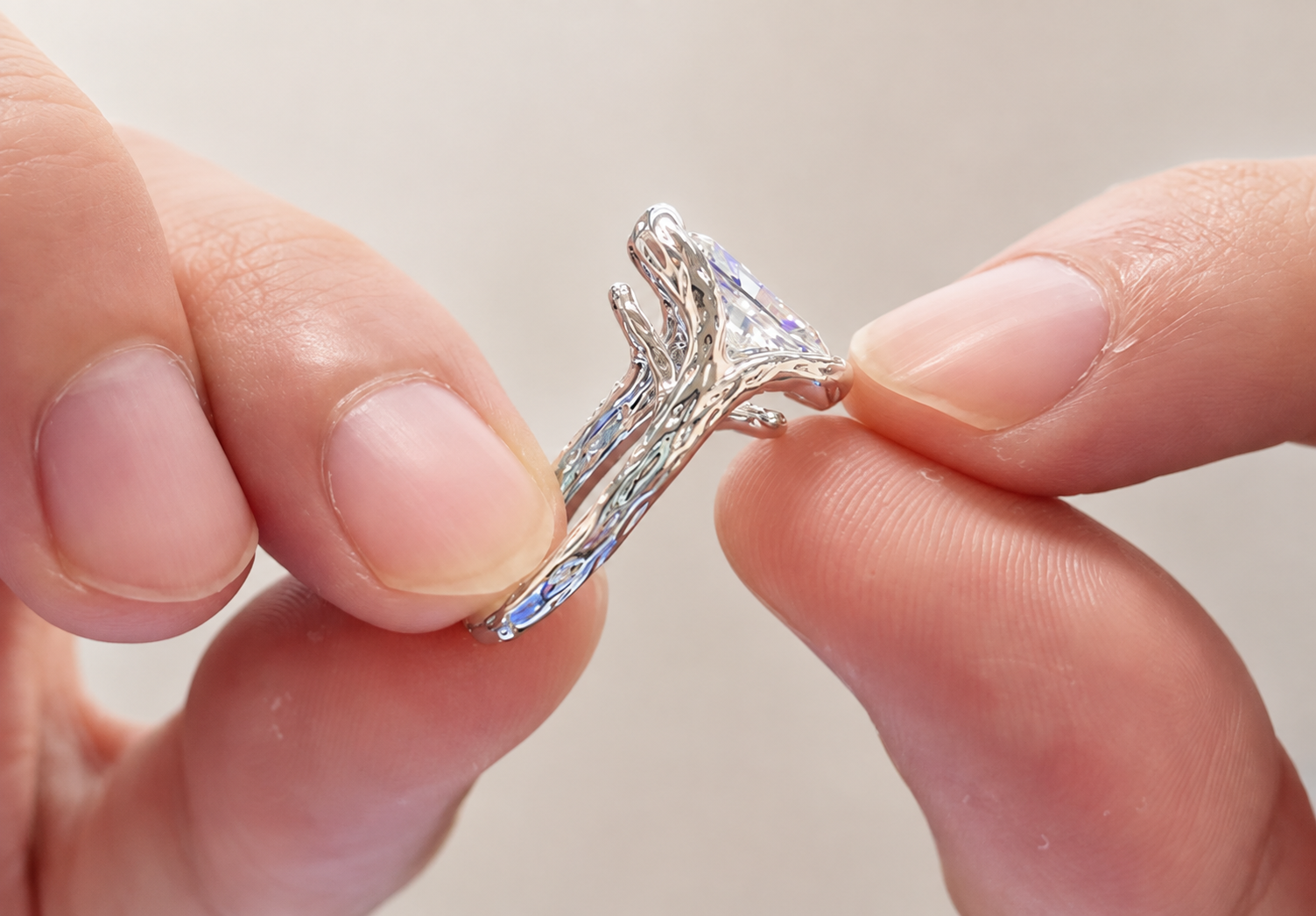 Radiant Cut Lab Grown Diamond Engagement Ring Organic Freeform Bezel 14K White Gold Split Shoulder Solitaire