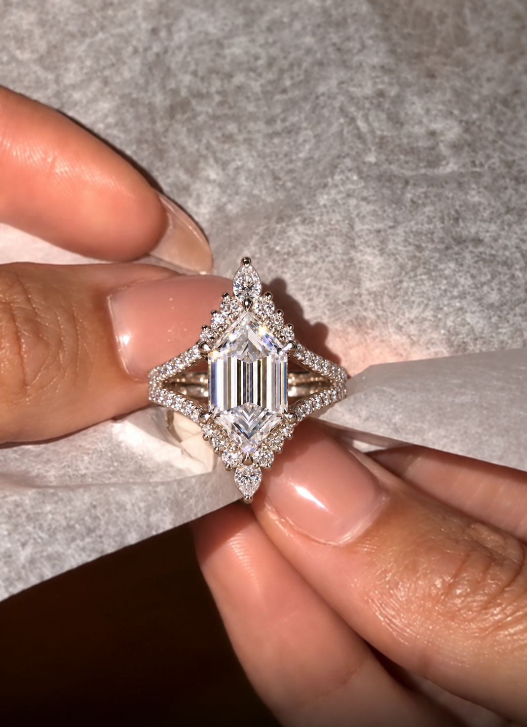 Elongated Hexagon Lab Grown Diamond Engagement Ring Split Shank 14K White Gold IGI Certified