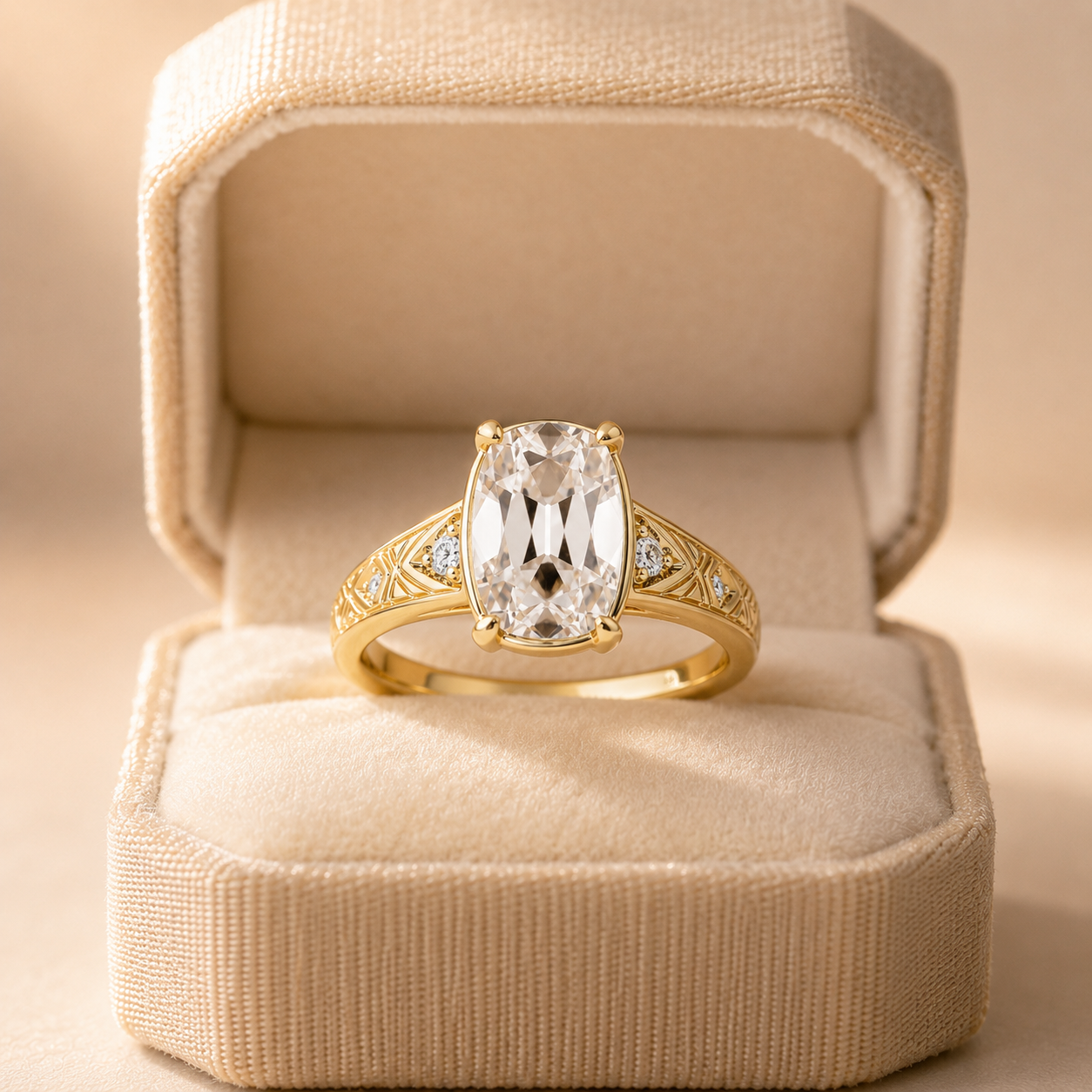 Cushion Lab Grown Diamond Vintage Engagement Ring Side Stone 14K Yellow Gold IGI Certified 2 Carat