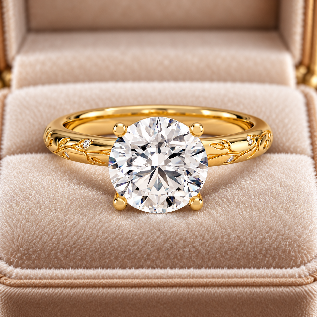 Round Lab-Grown Diamond Engagement Ring, 18K Yellow Gold, Nature-Inspired Engraved Band