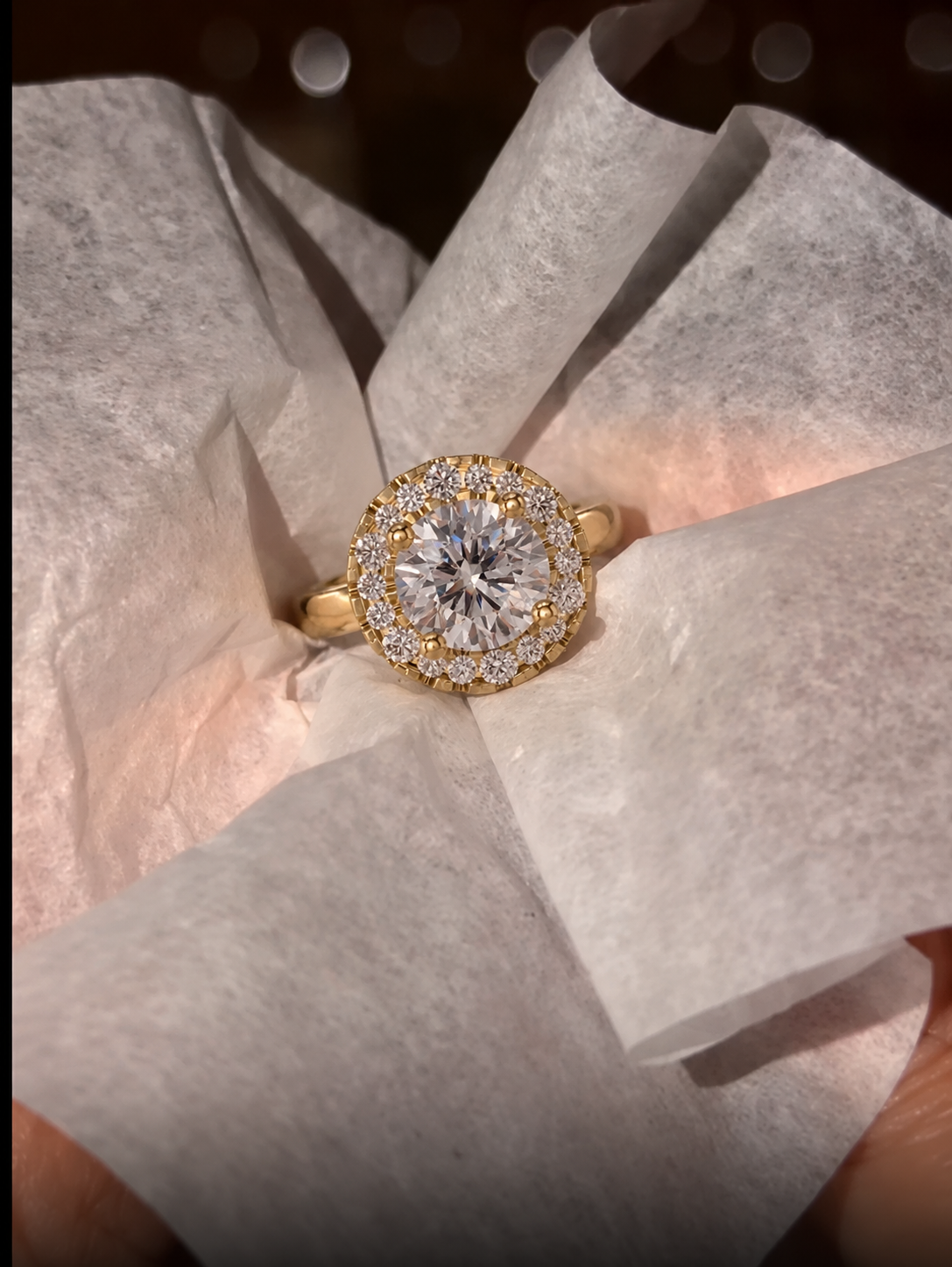 Round Lab Grown Diamond Engagement Ring Vintage Halo 18K Yellow Gold IGI Certified
