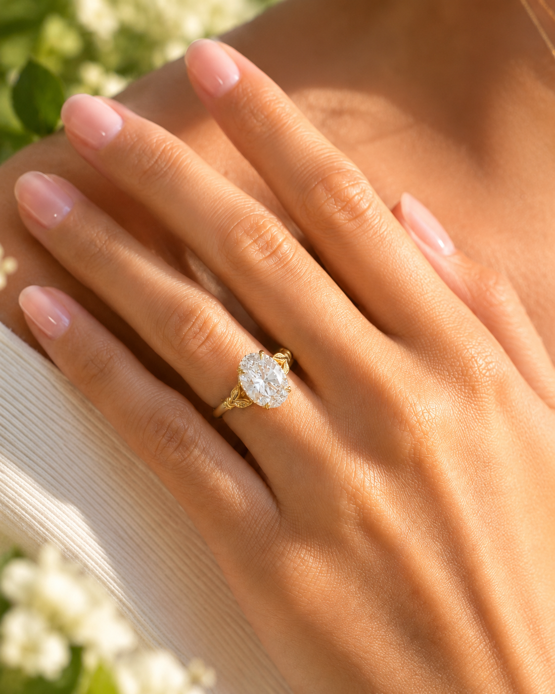 Oval Lab Grown Diamond Engagement Ring – Nature-Inspired Hidden Halo 18K Yellow Gold – 2.5 Carat