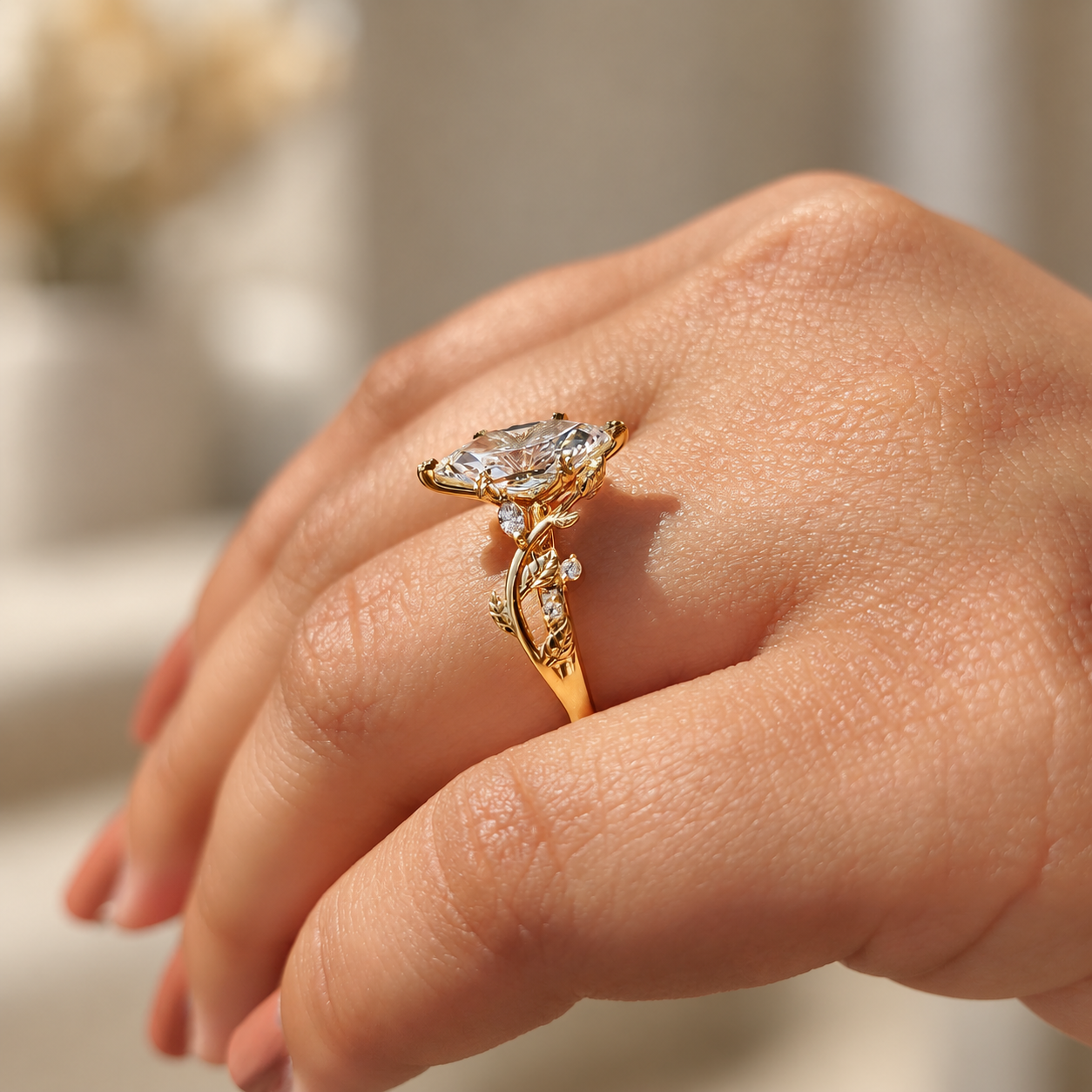 Dutch Marquise Lab Grown Diamond Engagement Ring Leaf Prong Cluster 14K Gold IGI Certified 2 Carat