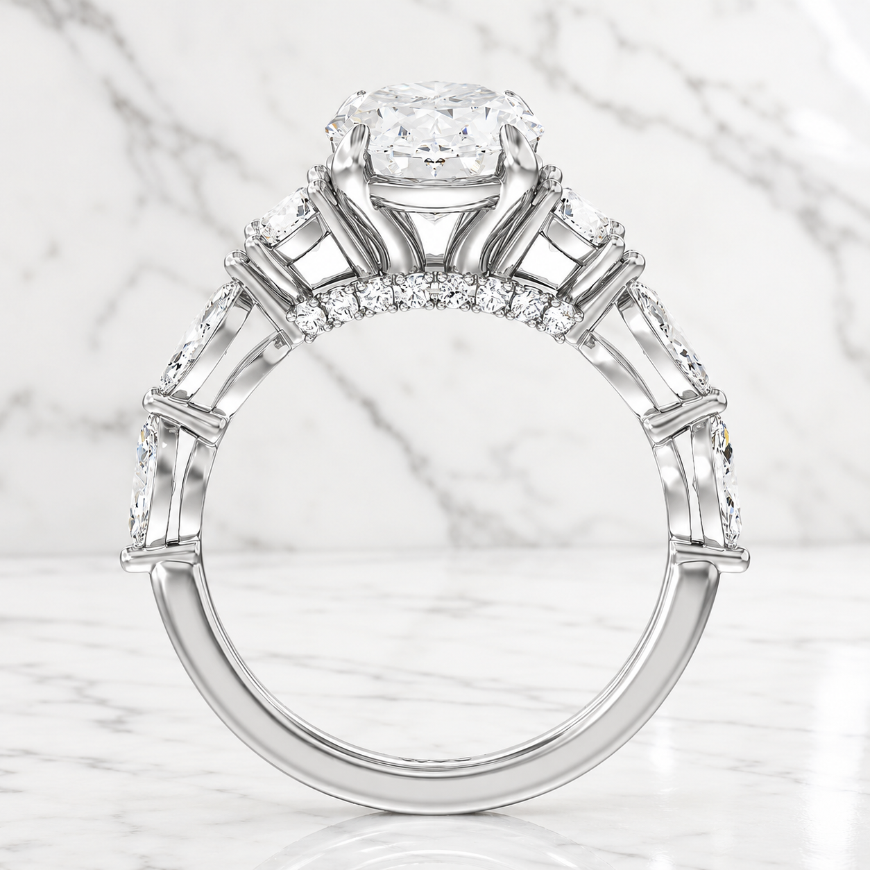 Round Lab Grown Diamond Engagement Ring Side Stone 14K White Gold E VVS2 4.2 Carat, IGI Certified