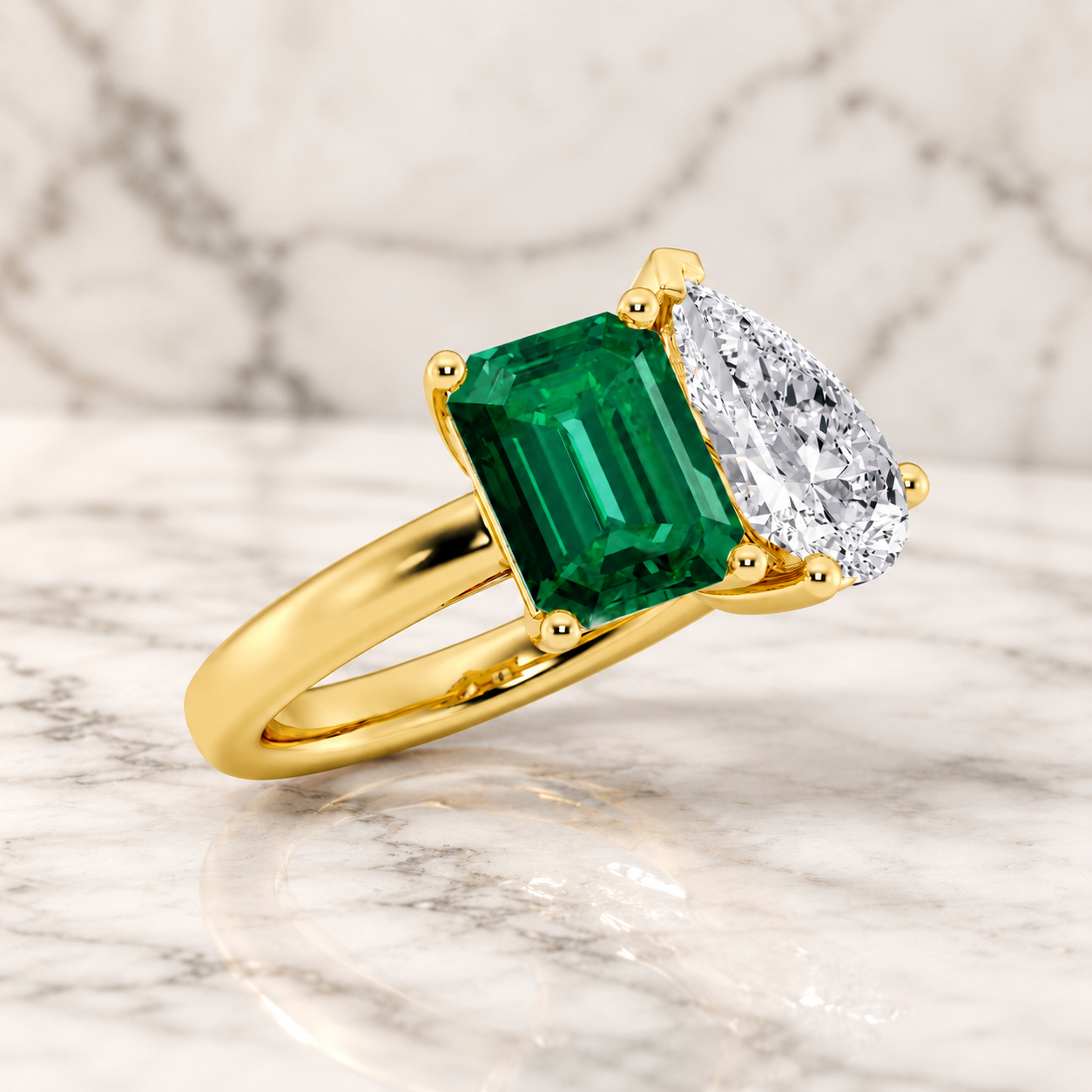 Emerald Cut Emerald & Pear Lab Grown Diamond Two Stone Ring Prong 14K Yellow Gold – 2.5ct VVS2